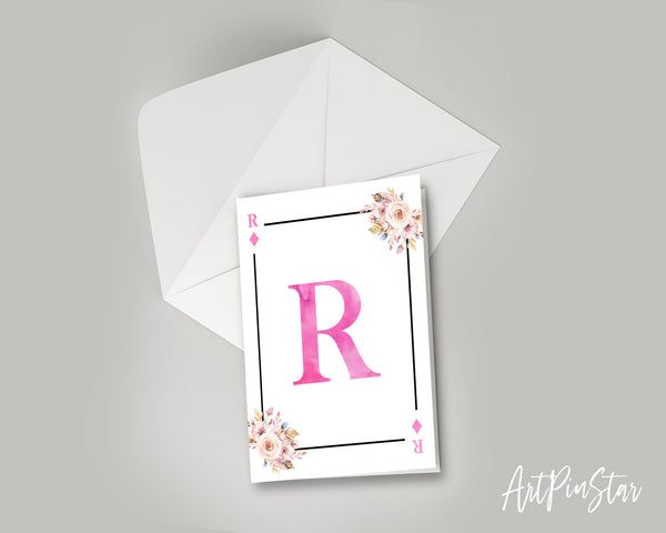 Boho Floral Bouquet Initial Flower Letter R Diamond Monogram Note Cards