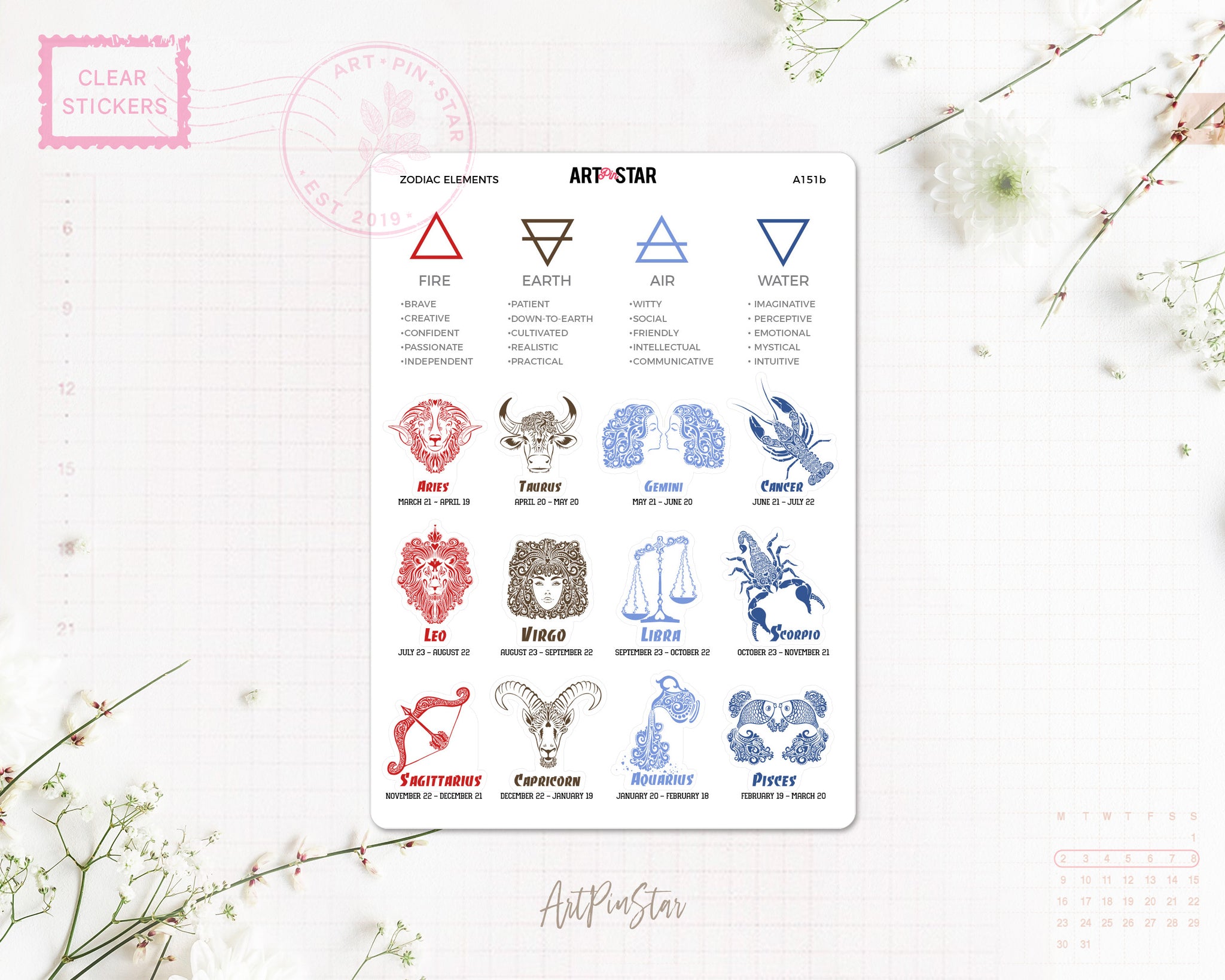 Zodiac Signs Planner Sticker, Elements-Fire, Water, Earth, Air