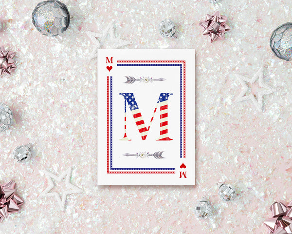 American Flag Letter M Heart Monogram Note Cards