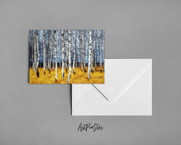 Birch Grove Tree Orange Grass Autumn Landscape Custom Greeting Cards