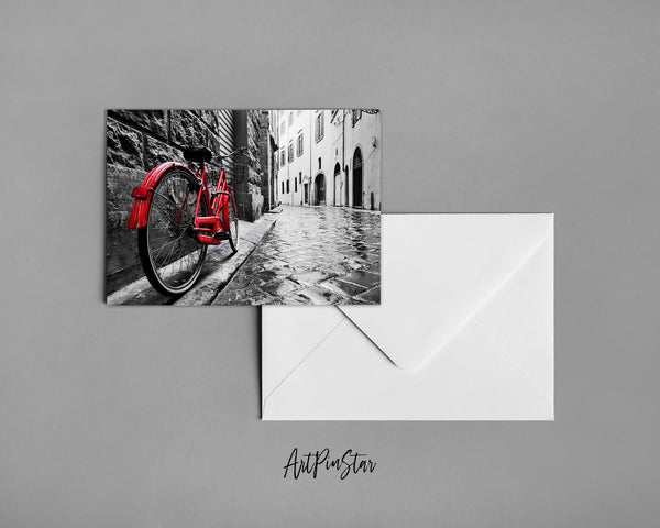 Retro Vintage Red Bike on Cobblestone Street Landscape Custom Greeting Cards