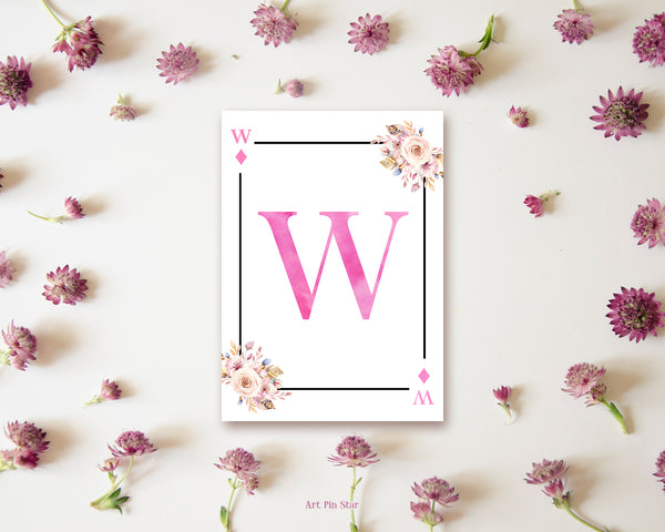 Boho Floral Bouquet Initial Flower Letter W Diamond Monogram Note Cards