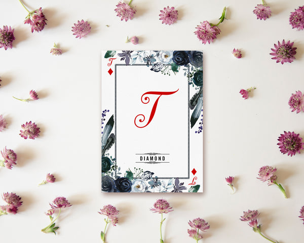 Watercolor Floral Flower Bouquet Initial Letter T Diamond Monogram Note Cards
