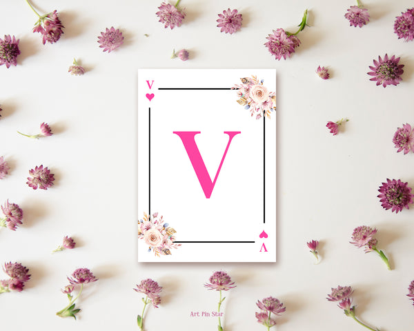 Boho Floral Bouquet Initial Flower Letter V Heart Monogram Note Cards