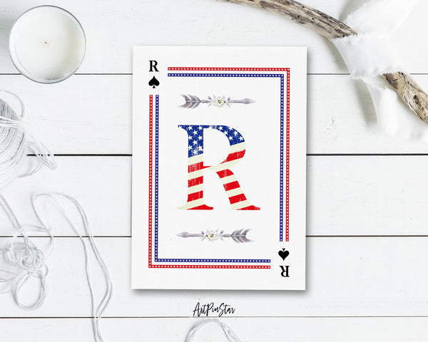 American Flag Letter R Spade Monogram Note Cards