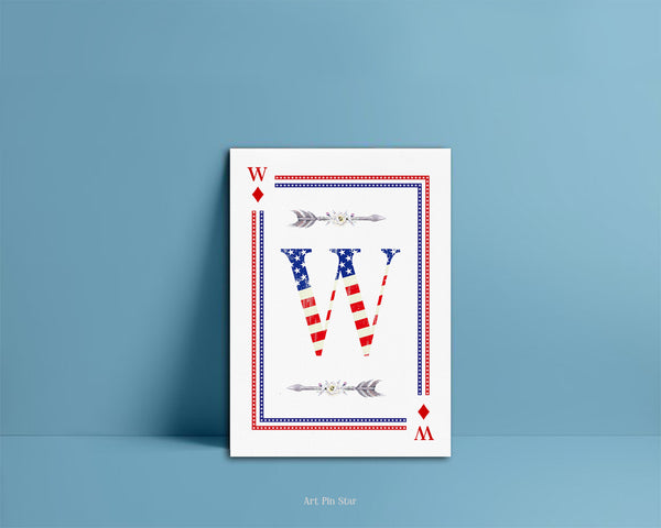 American Flag Letter W Diamond Monogram Note Cards
