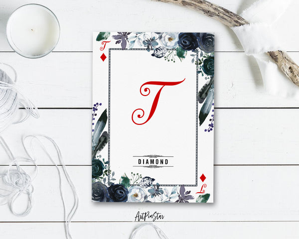 Watercolor Floral Flower Bouquet Initial Letter T Diamond Monogram Note Cards