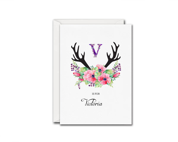 Initial Boho Floral Flower Personalized Letter V is for Name  Monogram Note Cards