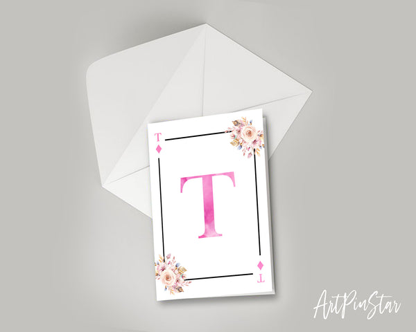Boho Floral Bouquet Initial Flower Letter T Diamond Monogram Note Cards