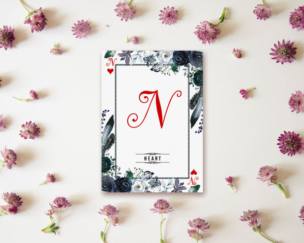 Watercolor Floral Flower Bouquet Initial Letter N Heart Monogram Note Cards