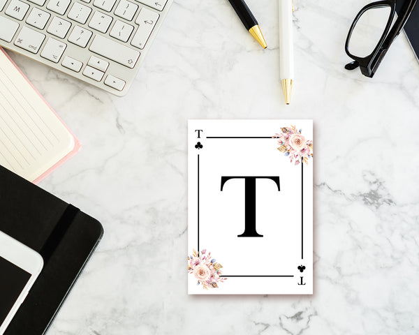 Boho Floral Bouquet Initial Flower Letter T Clover Monogram Note Cards