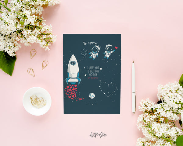 Valentine's Day, Moon, Stars, Astronauts in Space and Rocket, Cosmic Customized Greeting Card