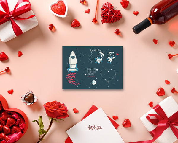 Valentine's Day, Moon, Stars, Astronauts in Space and Rocket, Cosmic Customized Greeting Card