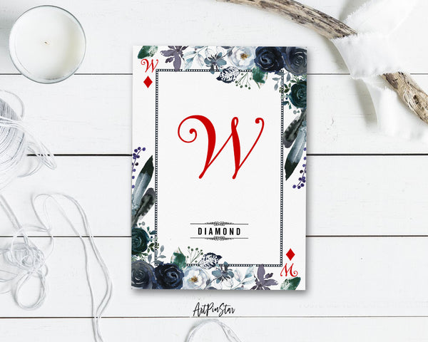 Watercolor Floral Flower Bouquet Initial Letter W Diamond Monogram Note Cards