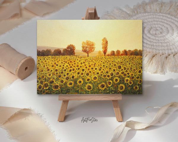 Rural Sunset Garden Flag A Golden Sunflower Field Lit by Warm Light of Setting Sun Trees Landscape Custom Greeting Cards