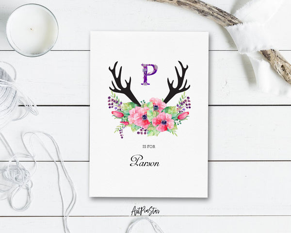 Initial Boho Floral Flower Personalized Letter P is for Name  Monogram Note Cards