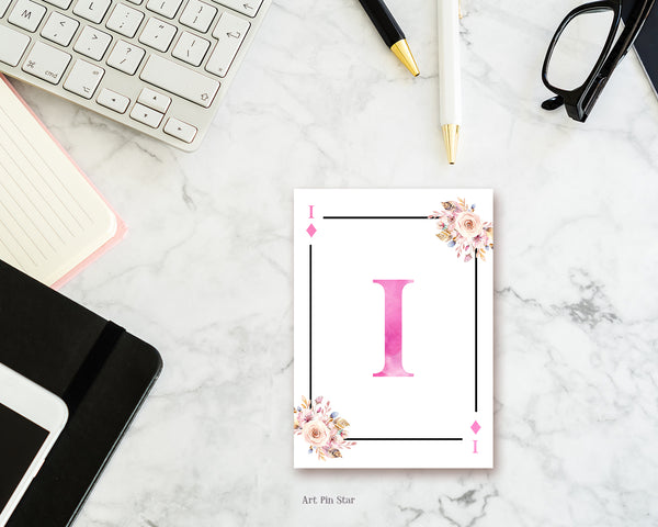 Boho Floral Bouquet Initial Flower Letter I Diamond Monogram Note Cards
