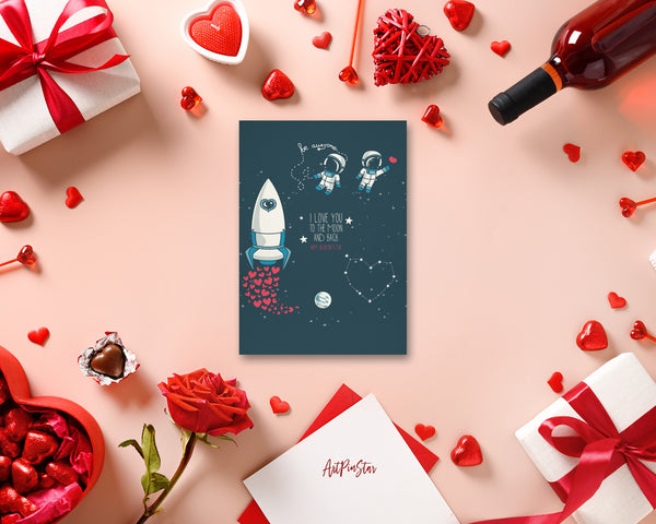 Valentine's Day, Moon, Stars, Astronauts in Space and Rocket, Cosmic Customized Greeting Card
