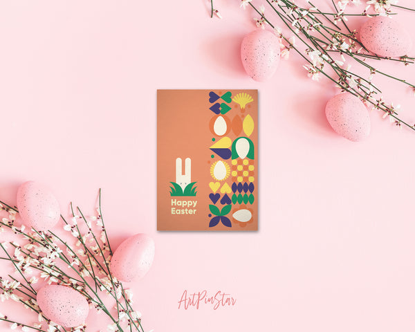 Modern Geometric Abstract Easter Eggs Rabbit Red Customized Greeting Card