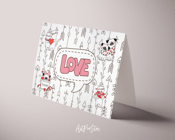 Valentine's Day Cute Cat and Pug Dog with Little Heart Customized Greeting Card
