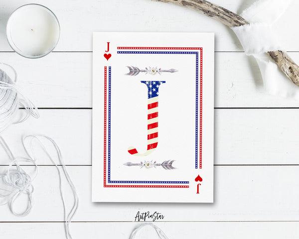 American Flag Letter J Heart Monogram Note Cards