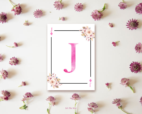 Boho Floral Bouquet Initial Flower Letter J Diamond Monogram Note Cards