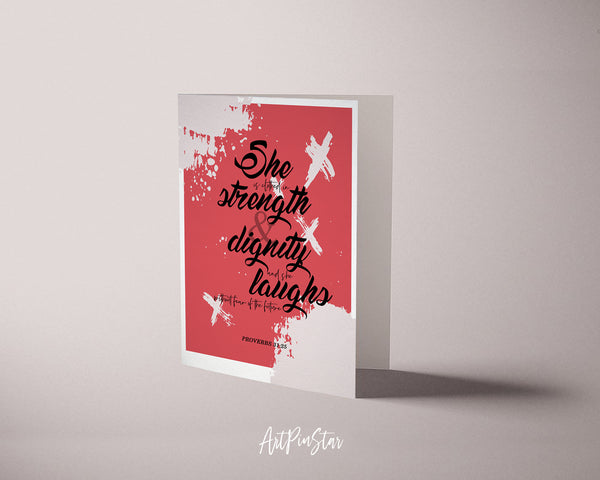 She is clothed in strength & dignity Proverbs 31:25 Bible Verse Customized Greeting Card