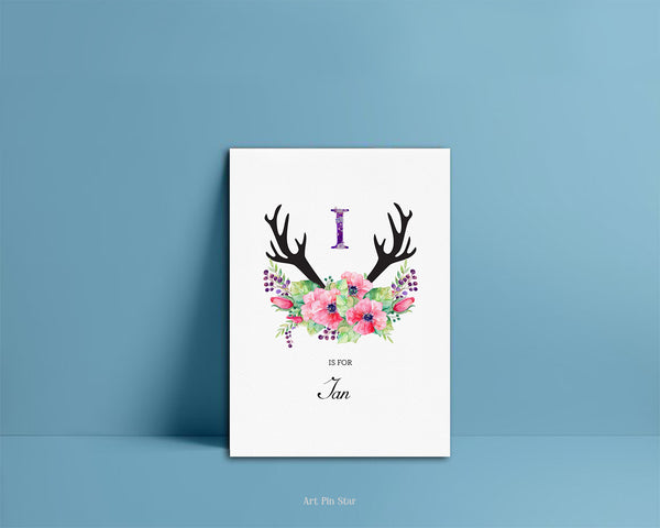 Initial Boho Floral Flower Personalized Letter I is for Name  Monogram Note Cards