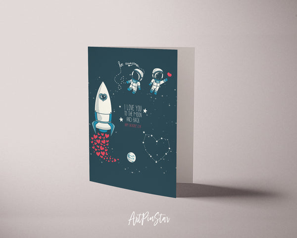 Valentine's Day, Moon, Stars, Astronauts in Space and Rocket, Cosmic Customized Greeting Card
