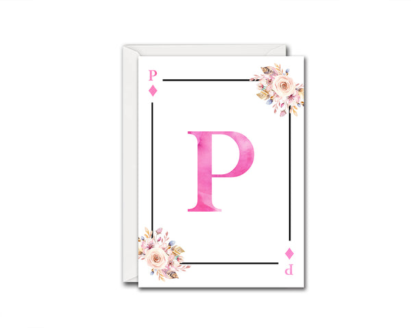 Boho Floral Bouquet Initial Flower Letter P Diamond Monogram Note Cards