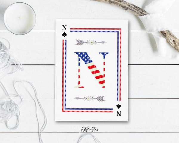 American Flag Letter N Spade Monogram Note Cards