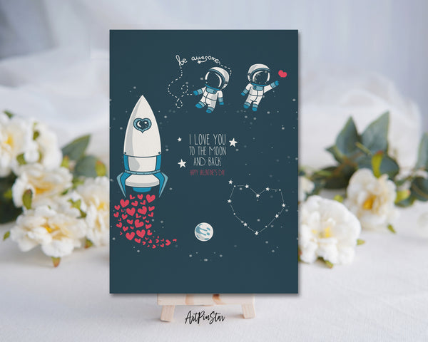 Valentine's Day, Moon, Stars, Astronauts in Space and Rocket, Cosmic Customized Greeting Card