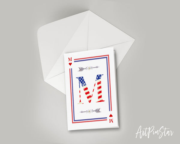 American Flag Letter M Heart Monogram Note Cards