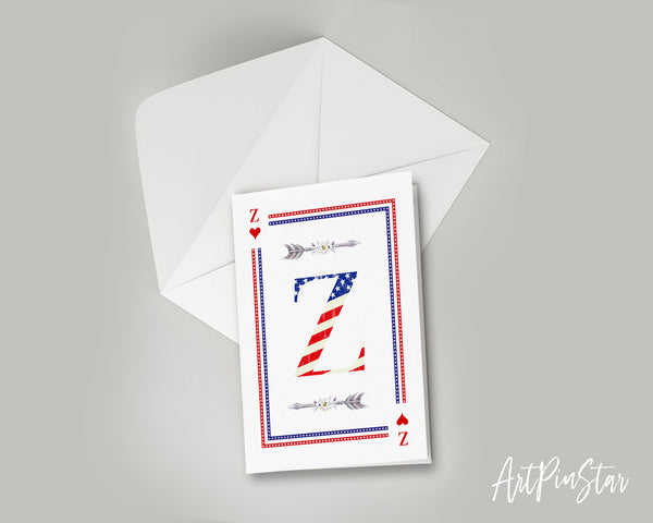 American Flag Letter Z Heart Monogram Note Cards