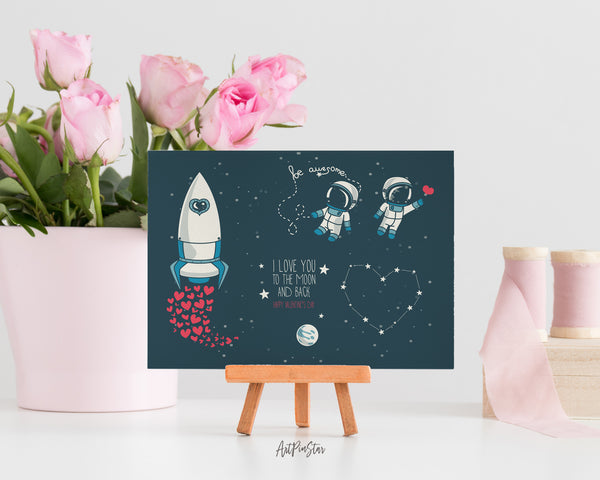Valentine's Day, Moon, Stars, Astronauts in Space and Rocket, Cosmic Customized Greeting Card
