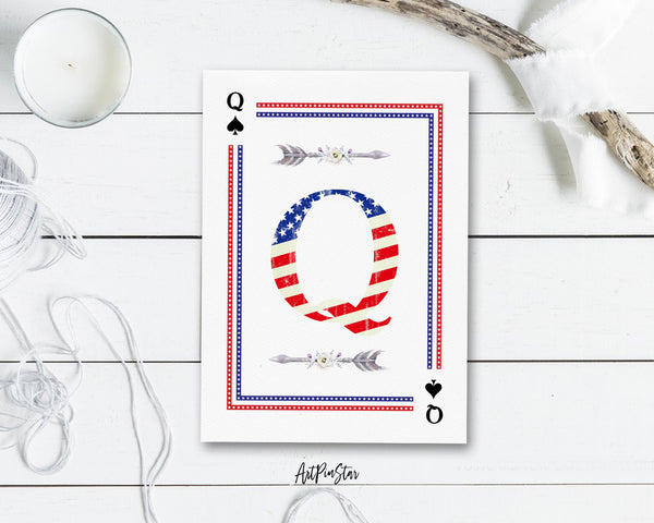American Flag Letter Q Spade Monogram Note Cards