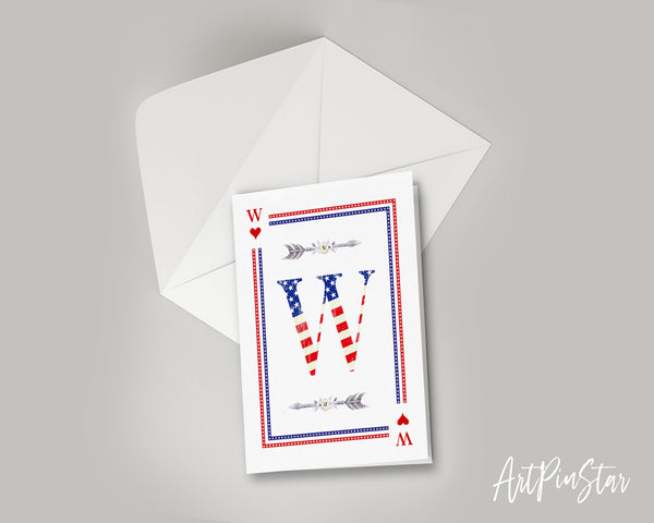American Flag Letter W Heart Monogram Note Cards