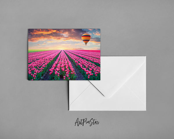 Tulip Field of Blooming Pink Landscape Custom Greeting Cards
