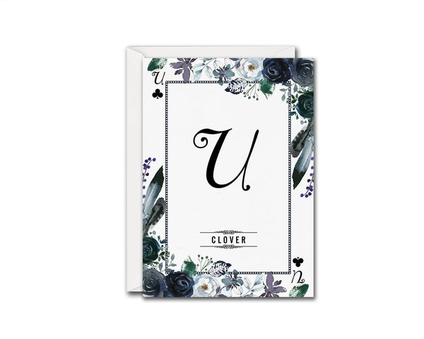 Watercolor Floral Flower Bouquet Initial Letter U Clover Monogram Note Cards