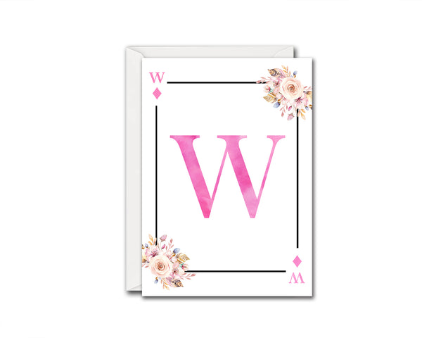 Boho Floral Bouquet Initial Flower Letter W Diamond Monogram Note Cards