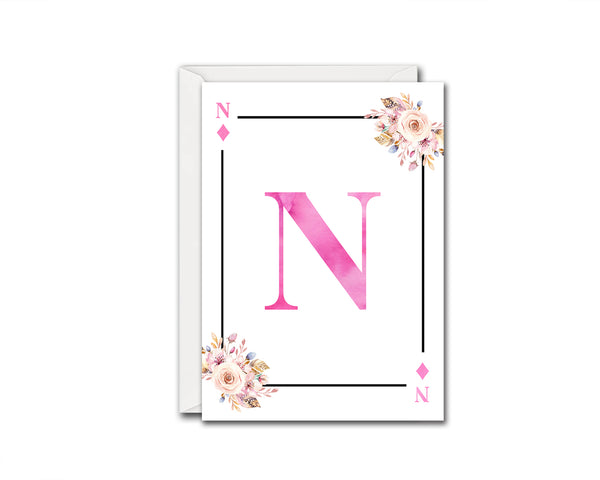 Boho Floral Bouquet Initial Flower Letter N Diamond Monogram Note Cards