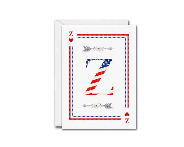 American Flag Letter Z Heart Monogram Note Cards