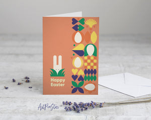 Modern Geometric Abstract Easter Eggs Rabbit Red Customized Greeting Card