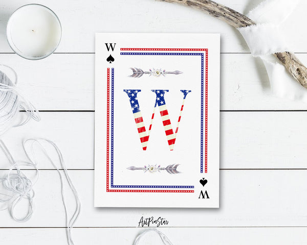 American Flag Letter W Spade Monogram Note Cards