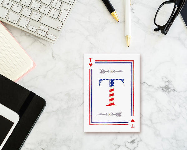 American Flag Letter T Heart Monogram Note Cards