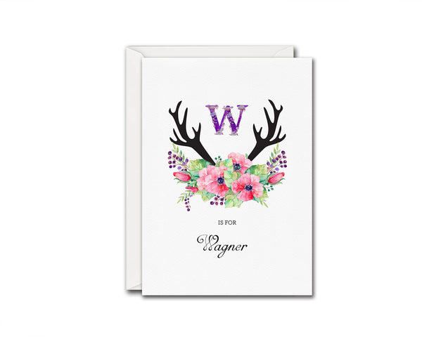 Initial Boho Floral Flower Personalized Letter W is for Name  Monogram Note Cards