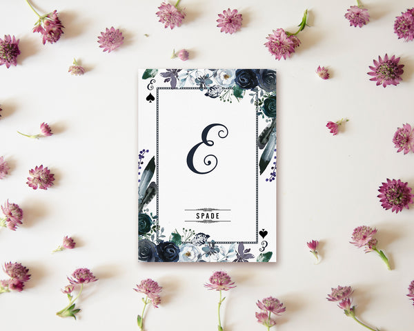 Watercolor Floral Flower Bouquet Initial Letter E Spade Monogram Note Cards