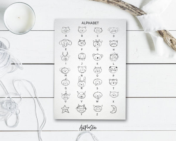 Alphabet Animal Letter Initial Chart A-Z Line Monogram Note Cards