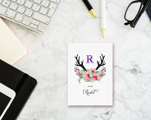 Initial Boho Floral Flower Personalized Letter R is for Name  Monogram Note Cards