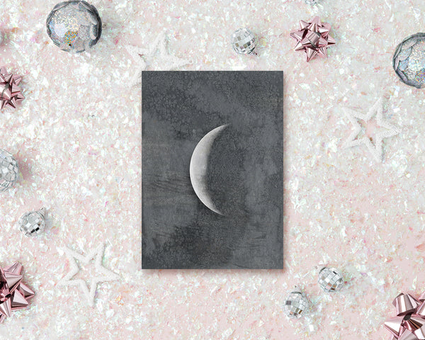 Waning Crescent Moon Phases Watercolor Galaxy Space Customizable Greeting Card